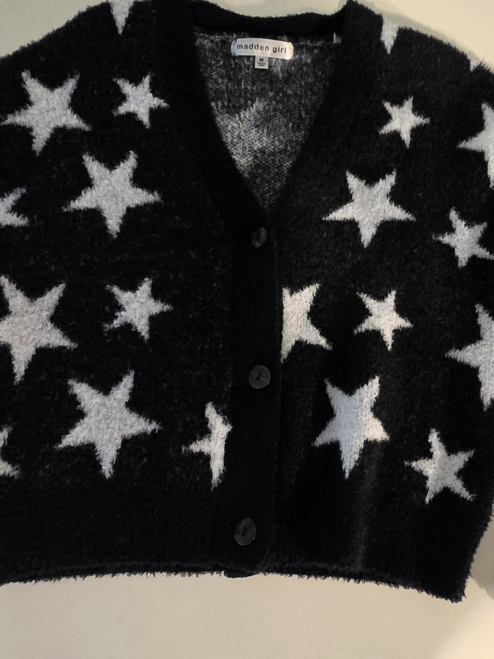 Madden Girl Black Star-Print V-Neck Cardigan Sweater
